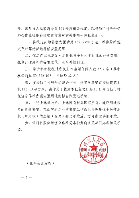 關于甌海區潘橋街道仙門村股份經濟合作社征地補償安置方案的批復2.jpg